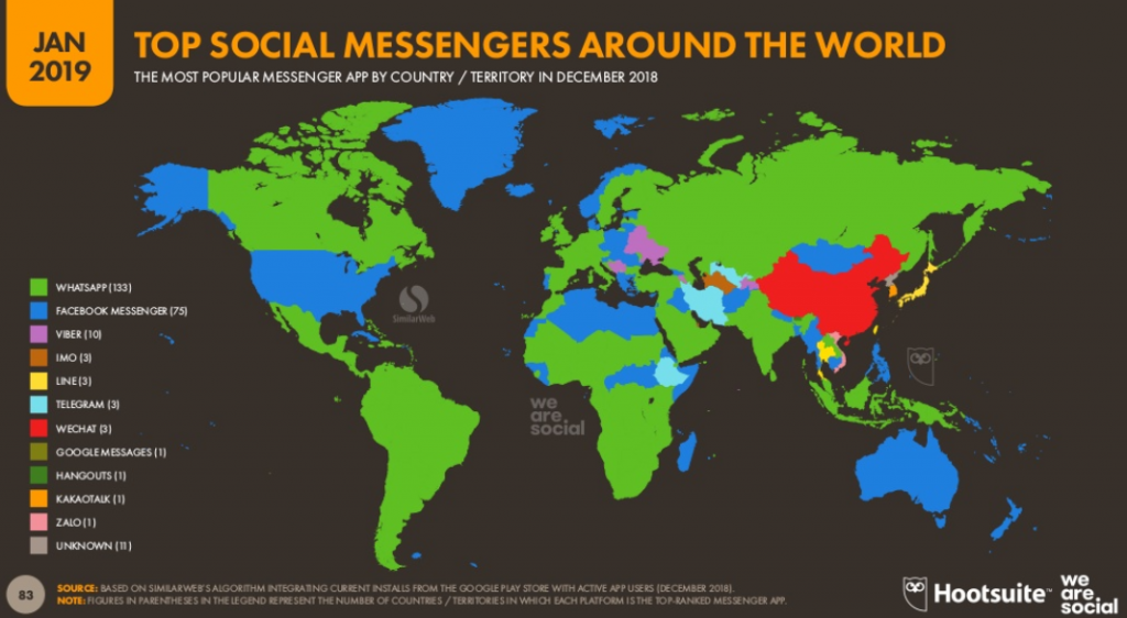 A map showing top social messangers around the world
